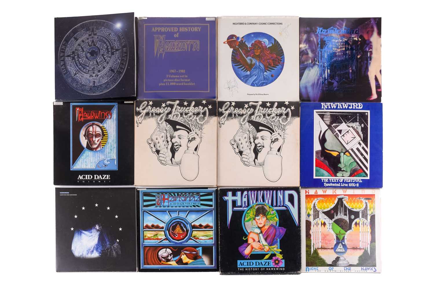 Hawkwind interest: thirty-two vinyl LPs comprising a signed "Nightbird and Company", a signed "The