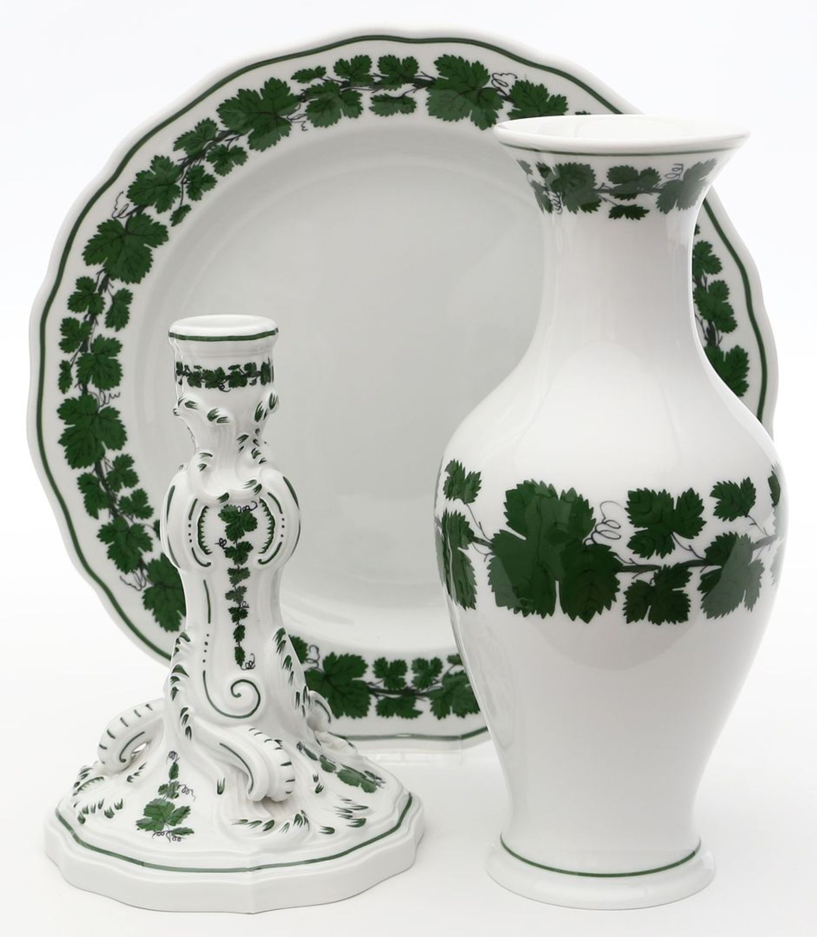 Leuchter, Teller und Vase, Meissen.