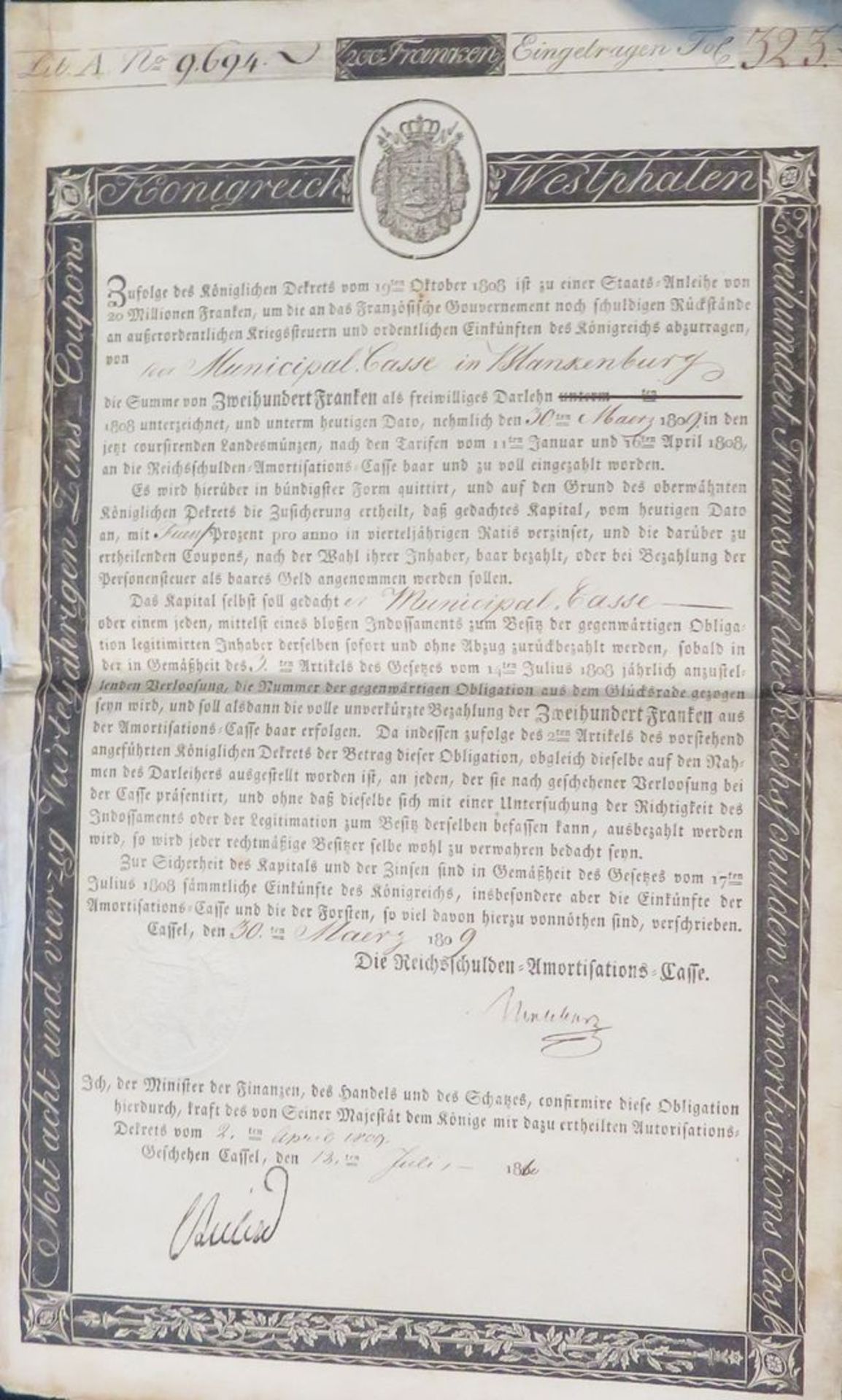 Obligation des Königreichs Westphalen über 200 Franken inkl. 5 1/2 Blatt Zinscoupons. - Bild 3 aus 3