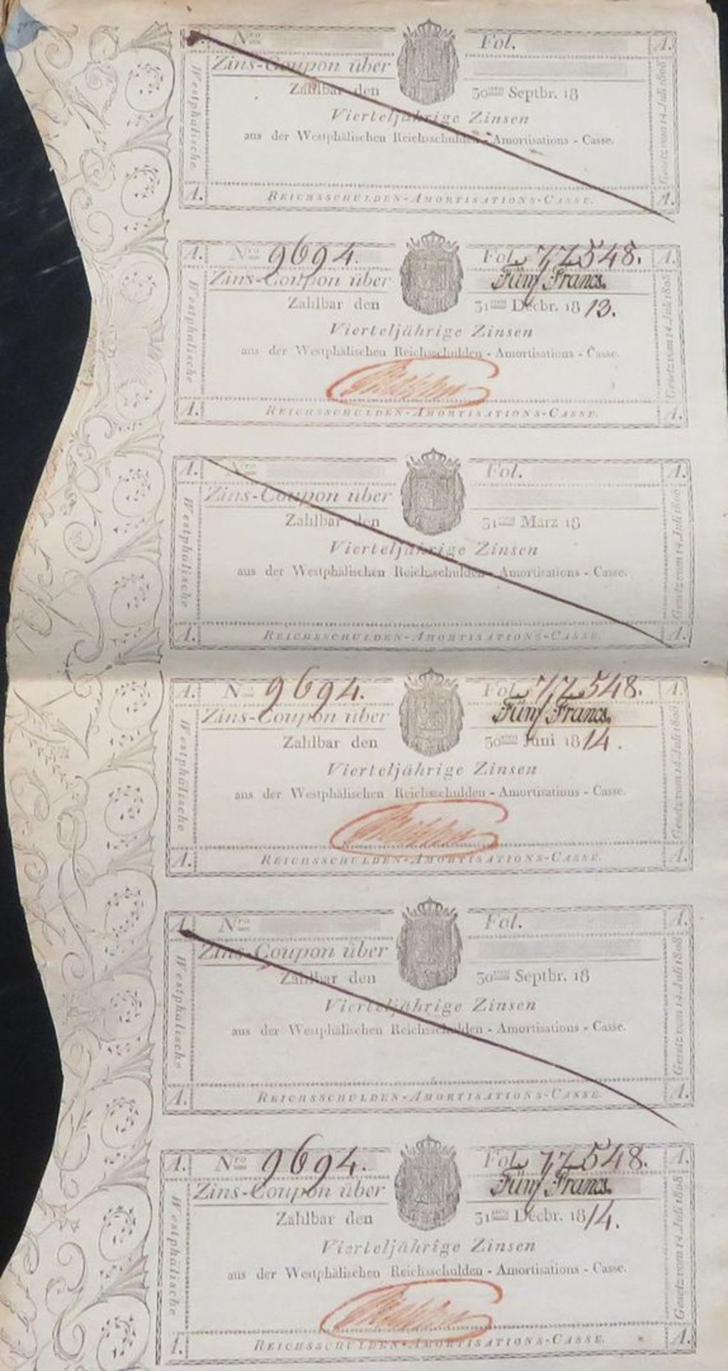 Obligation des Königreichs Westphalen über 200 Franken inkl. 5 1/2 Blatt Zinscoupons. - Bild 2 aus 3