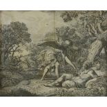 Gravure: man en engel in landschap