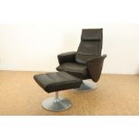 Zwartlederen relaxfauteuil + voetenbank