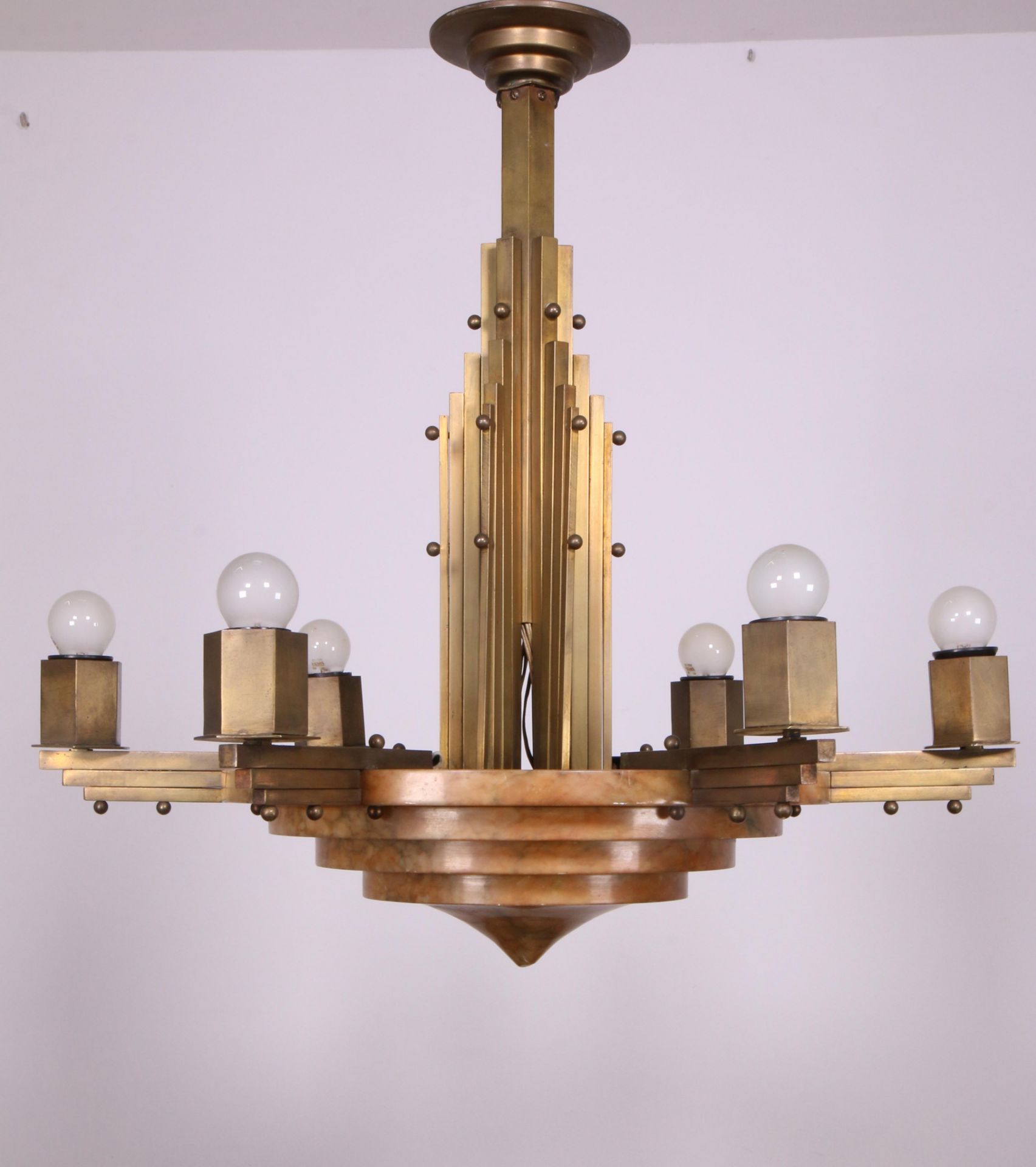 Zeslichts messing hanglamp, Art Deco,