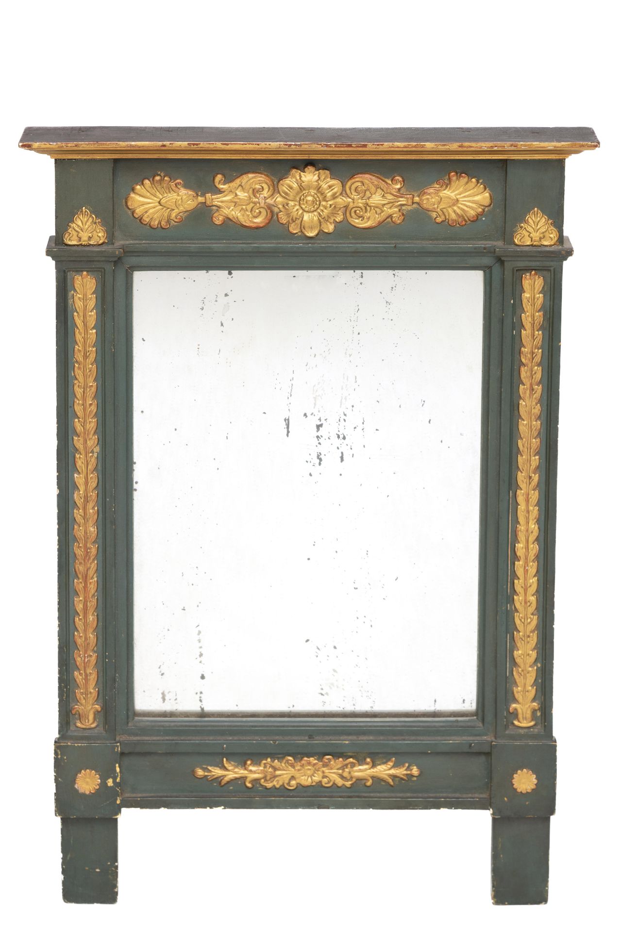 Frankrijk, trumeau-spiegel in groen en verguld gelakte houten lijst, vroeg 19e eeuw,