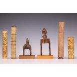 West Africa, two wooden pully and Indonesia, four bamboo chalk containers.