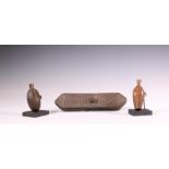 DRC., Kuba, wooden lidded rectangular box and South Africa, Shona, two wooden powder flasks.