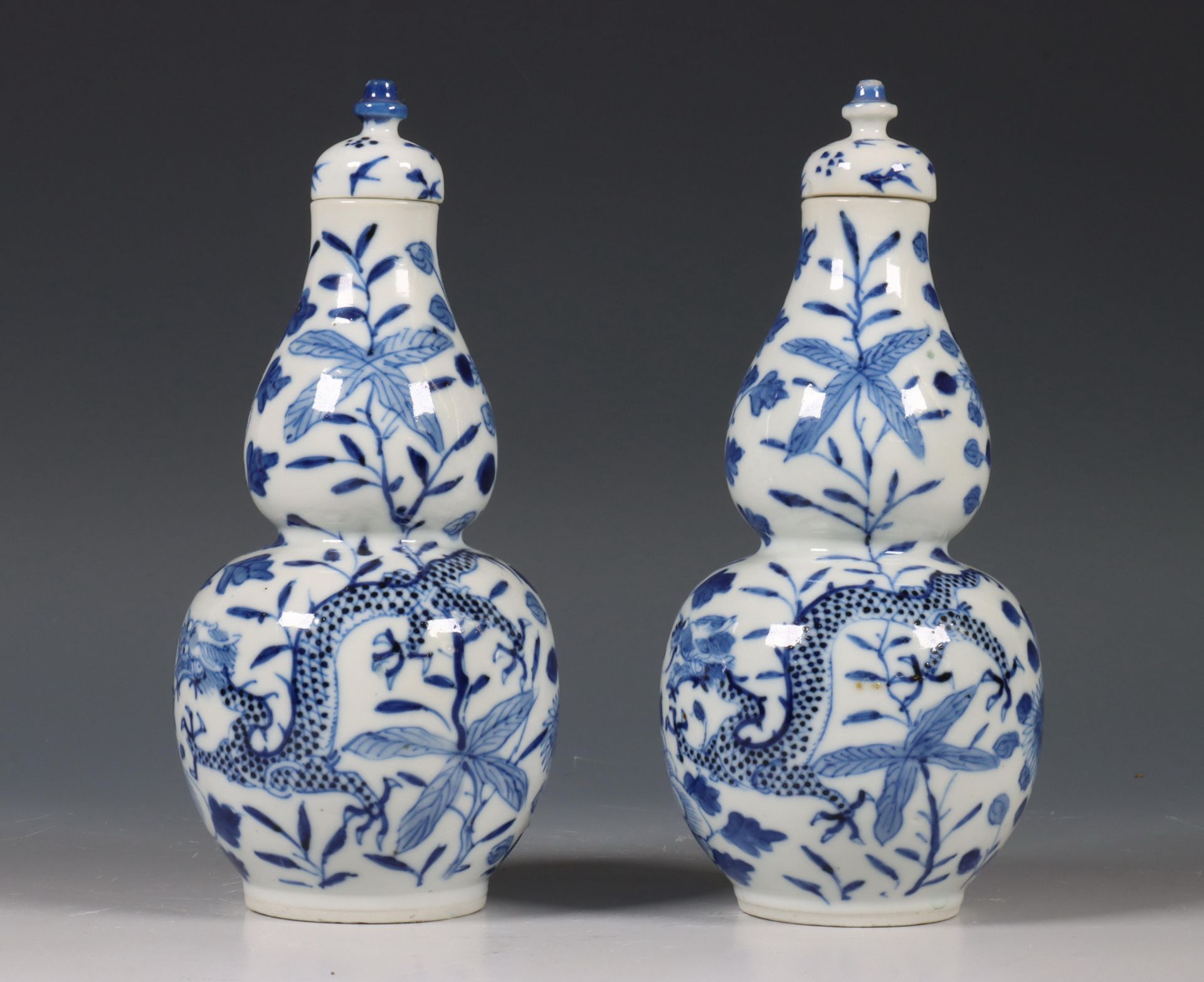 China, paar blauw-wit porseleinen kalebasvormige dekselvazen, Qing-dynastie, 19e eeuw, - Bild 3 aus 6