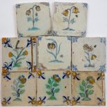 Acht polychroom aardewerk bloemdecor tegels, 2e kwart 17e eeuw,