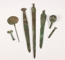 Luristan, collection of two bronze blades, a knife and five various antique bronze objects, Luristan
