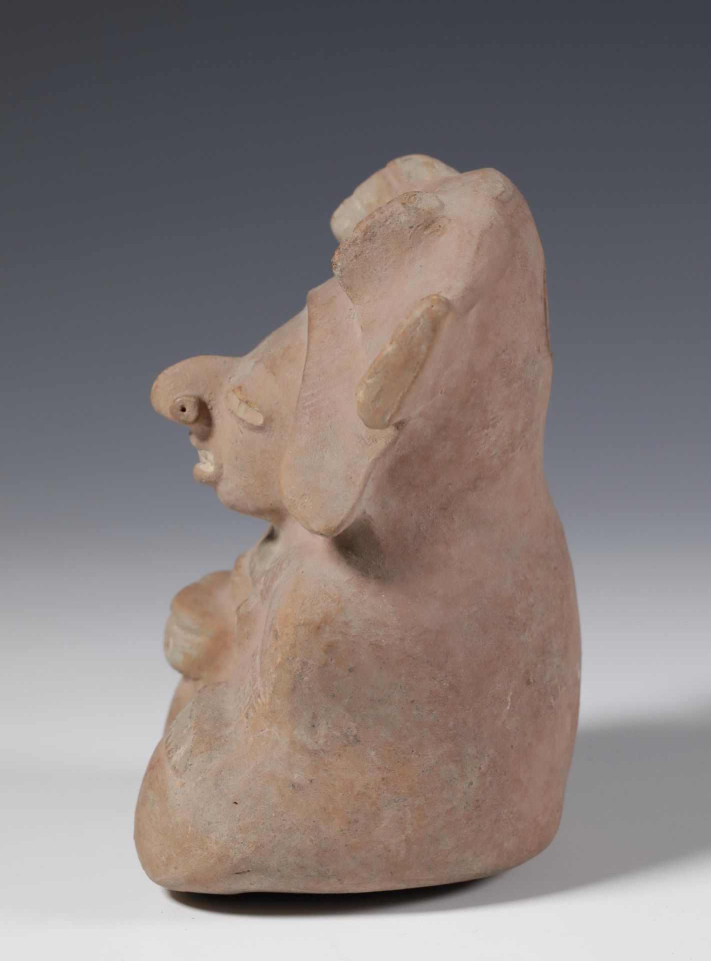 El Salvador, Classic Maya, molded buff brown pottery seated figure holding a bowl in her right hand, - Image 2 of 7