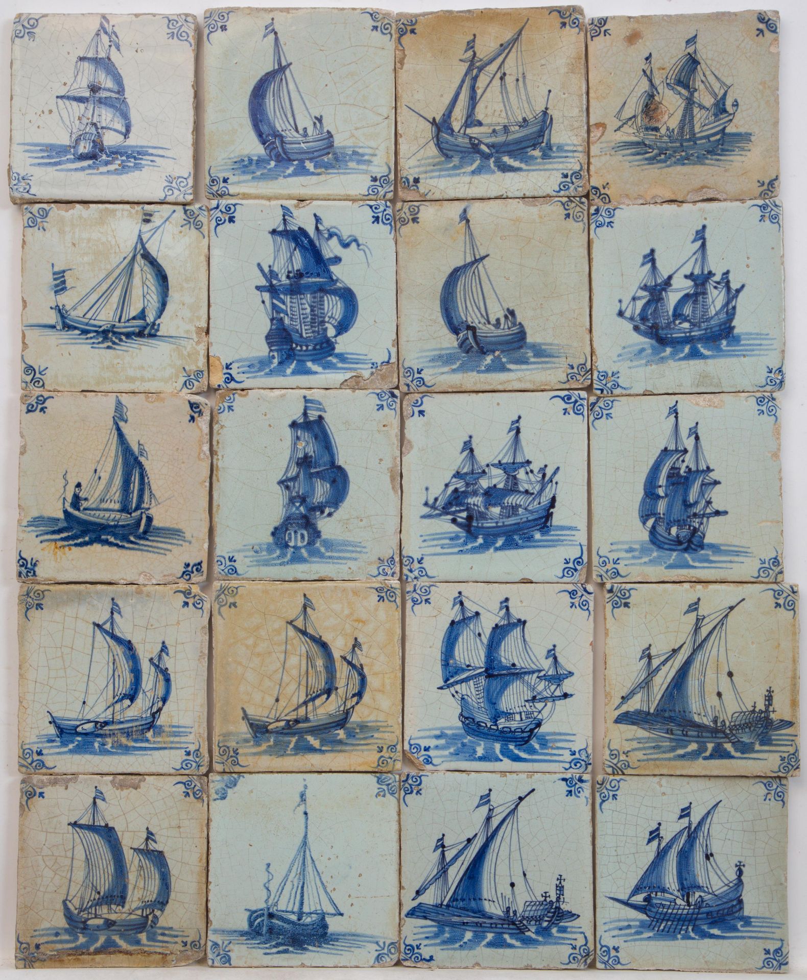 Twintig blauw aardewerk tafereeltegels, tweede helft zeventiende eeuw;