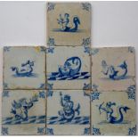 Zeven blauw aardewerk tafereeldecortegels, 17e eeuw;