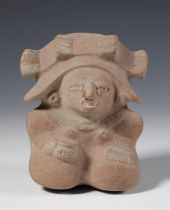 El Salvador, Classic Maya, molded buff brown pottery seated figure holding a bowl in her right hand,