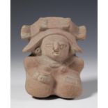 El Salvador, Classic Maya, molded buff brown pottery seated figure holding a bowl in her right hand,