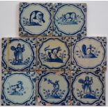 Acht blauw aardewerk dierendecortegels, tweede kwart 17e eeuw;