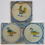 Drie polychroom aardewerk tegels met dierendecor, tweede kwart 17e eeuw;