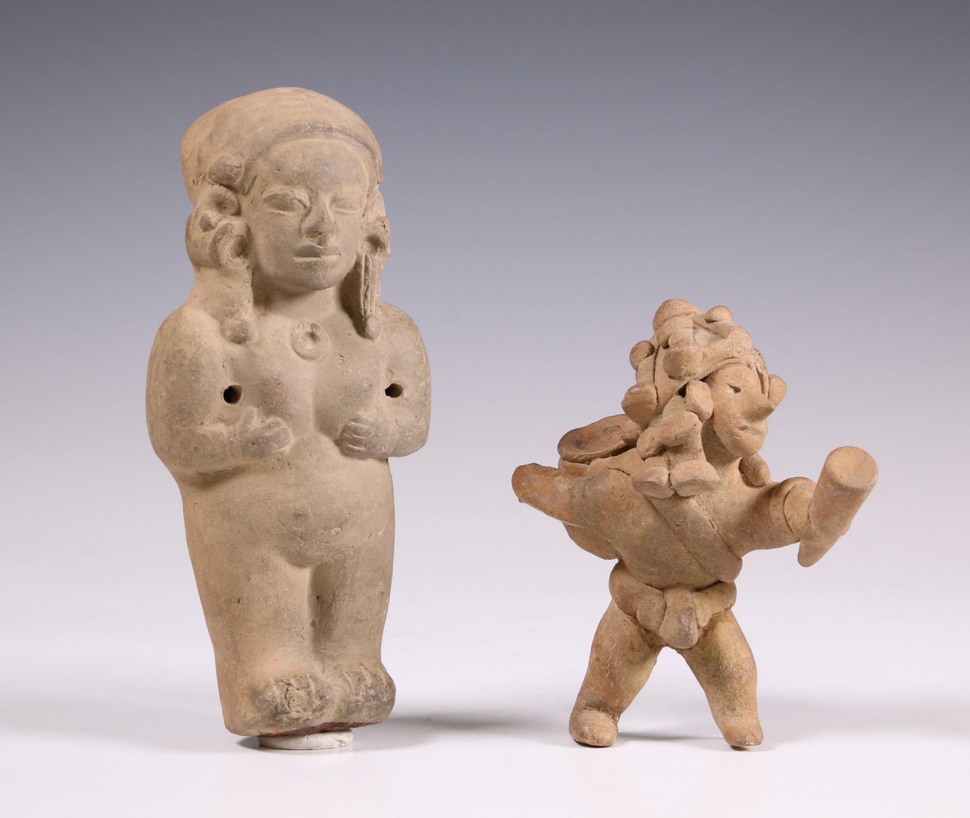 Maya, terracotta figure, ca. 600-900 and a Mexican antique earthenware sculpture of a standing femal