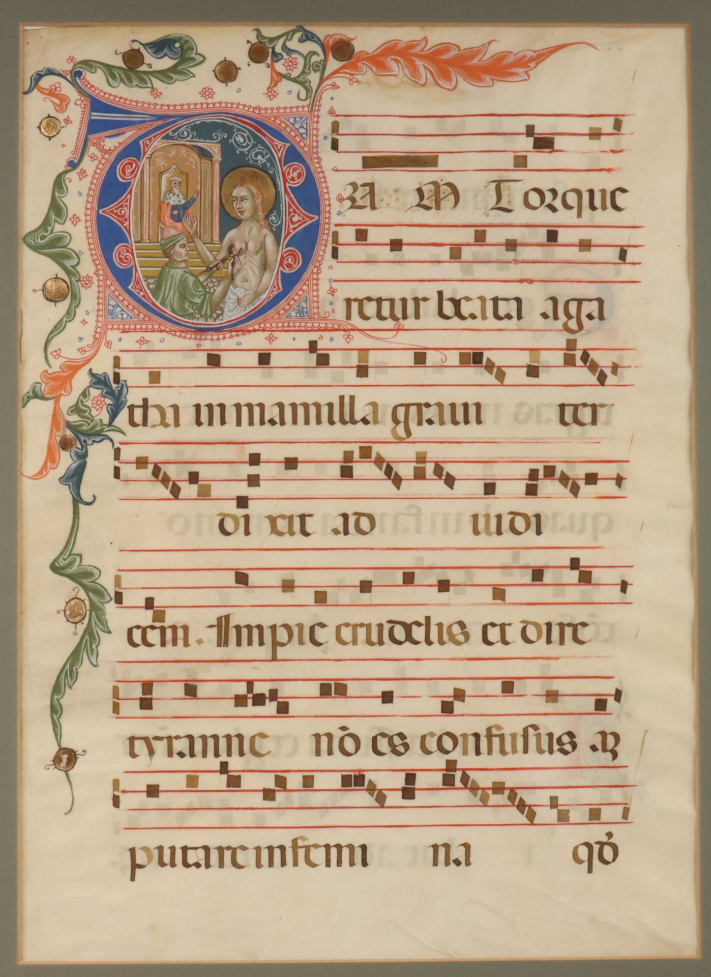 Folium uit middeleeuws liedboek, mogelijk psalter, met fraai gedecoreerde initiaal;