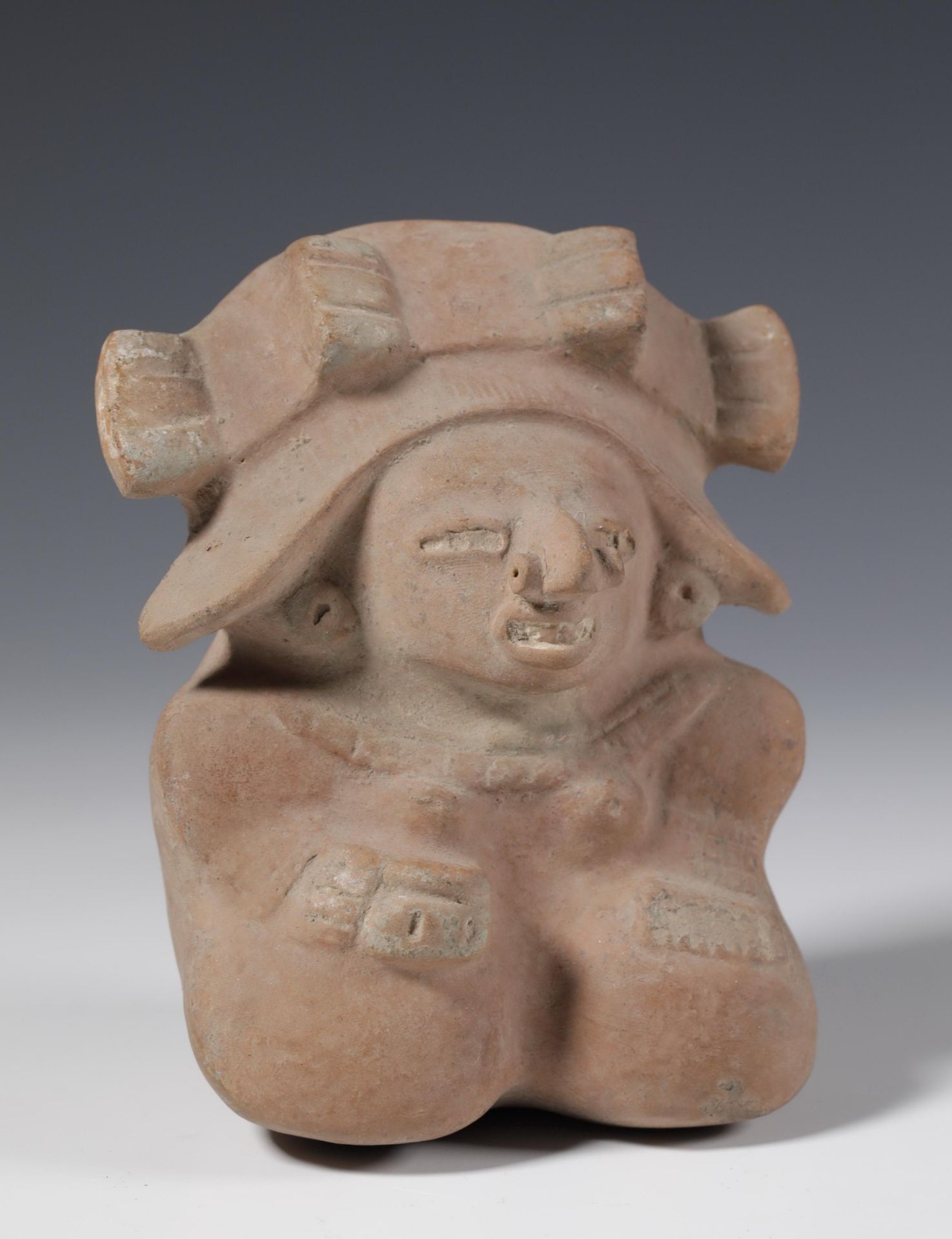 El Salvador, Classic Maya, molded buff brown pottery seated figure holding a bowl in her right hand, - Image 5 of 7