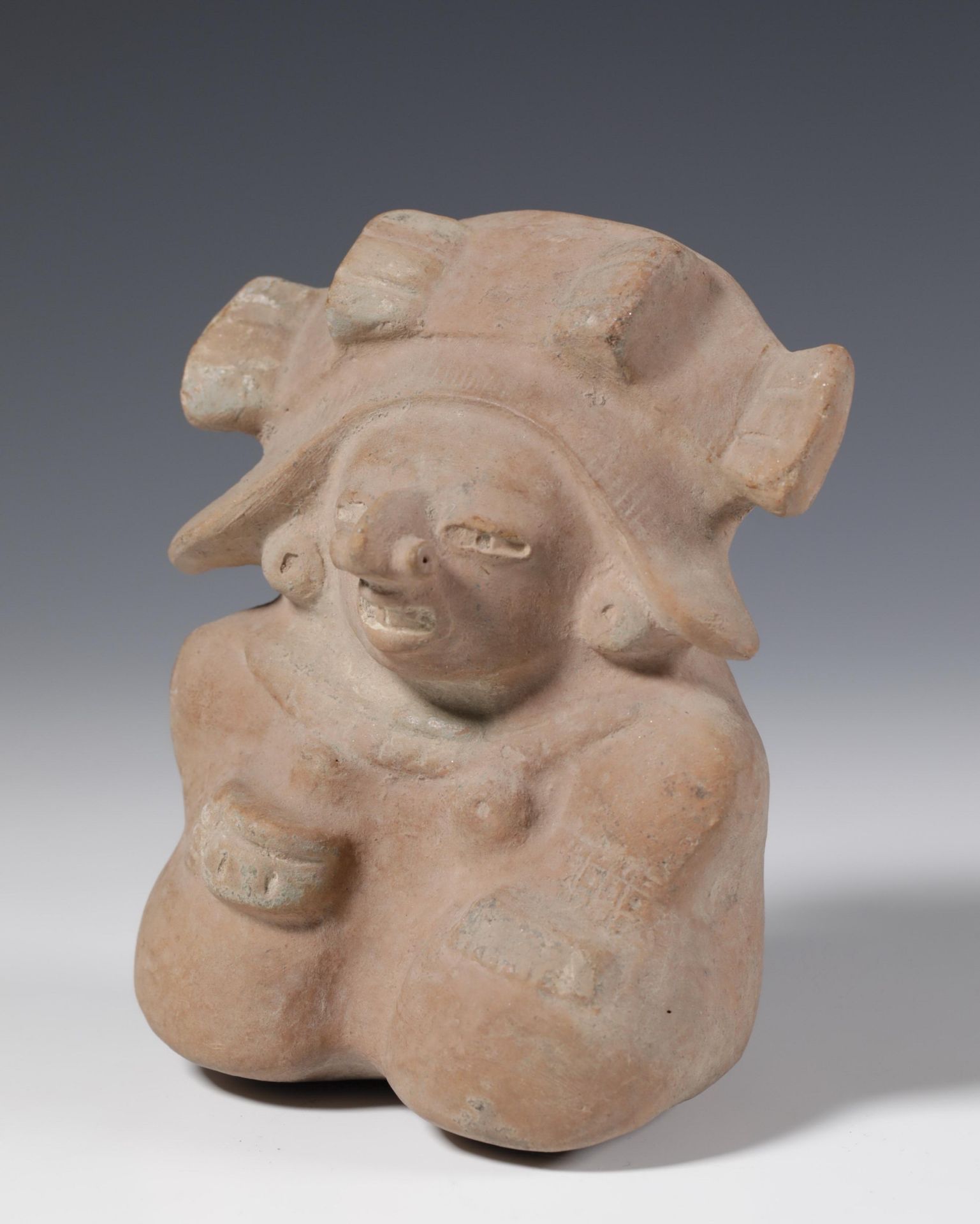 El Salvador, Classic Maya, molded buff brown pottery seated figure holding a bowl in her right hand, - Image 7 of 7