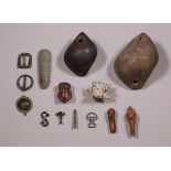South America, four terracotta flutes-ocarina'a, Mexico stone amulet and seven antique bronze object