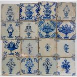 Diverse blauw en polychroom bloemendecor aardewerk tegels, 17e eeuw