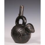 Peru, Lambayeque, black polished earthenware spout vessel,