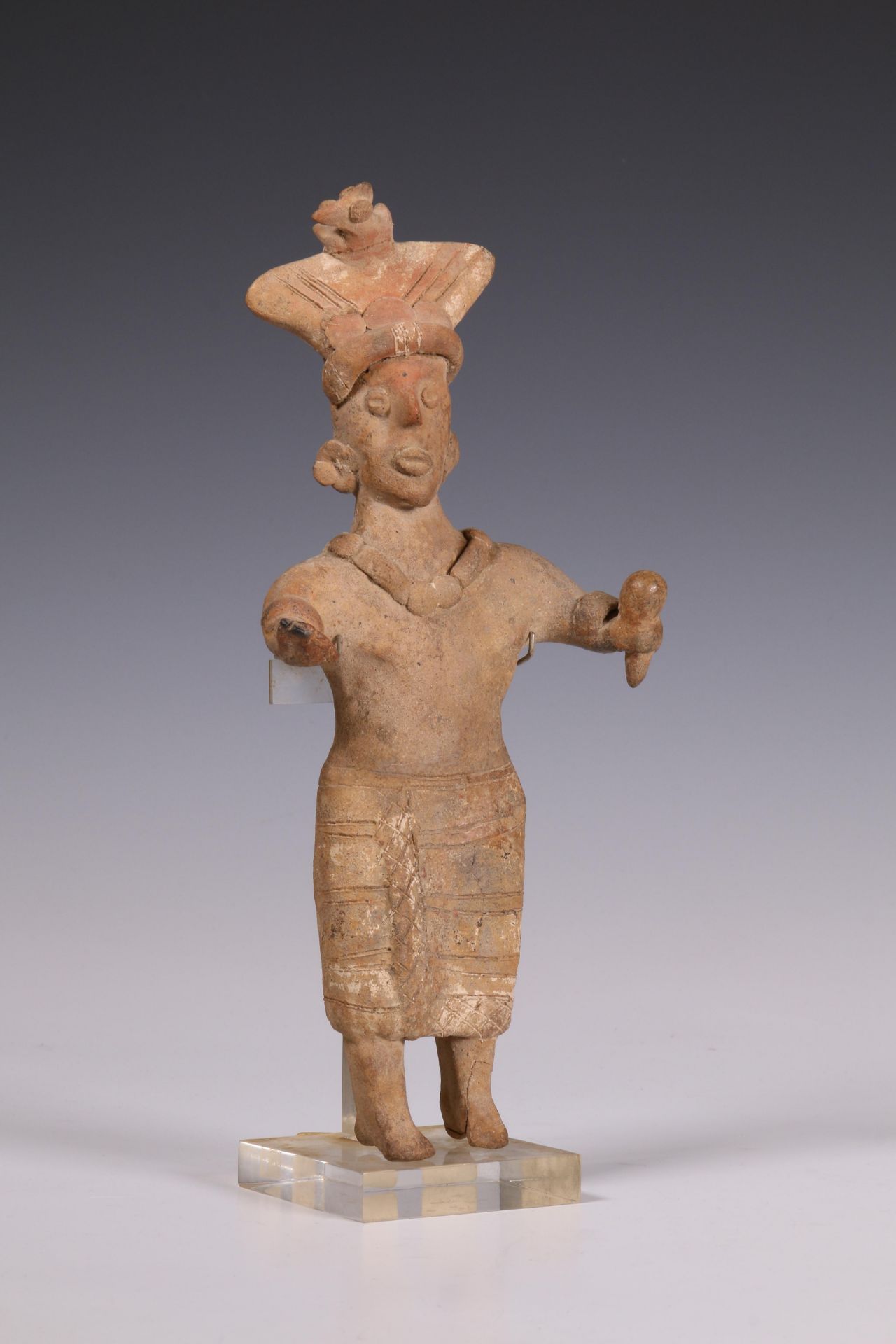 Mexico, Jalisco, standing terracotta priest slab figure, 100 BC-250 AD