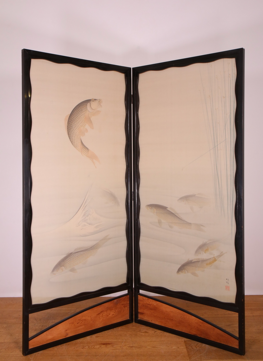 Japan, zwart laqué houten tweeslags kamerscherm