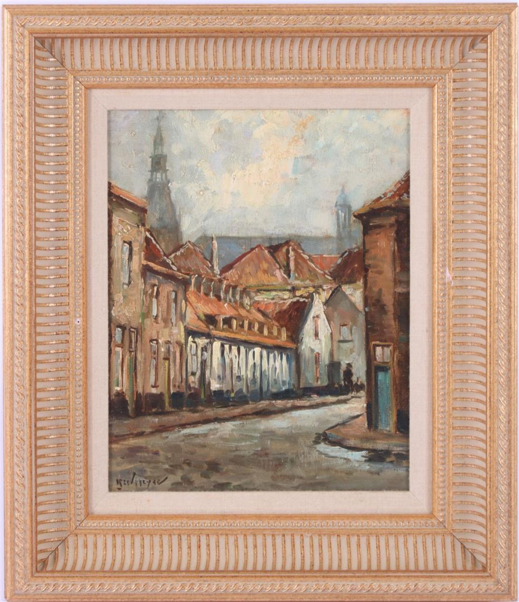 Unclearly signed, Cityscape with street and view of the church - Bild 2 aus 2