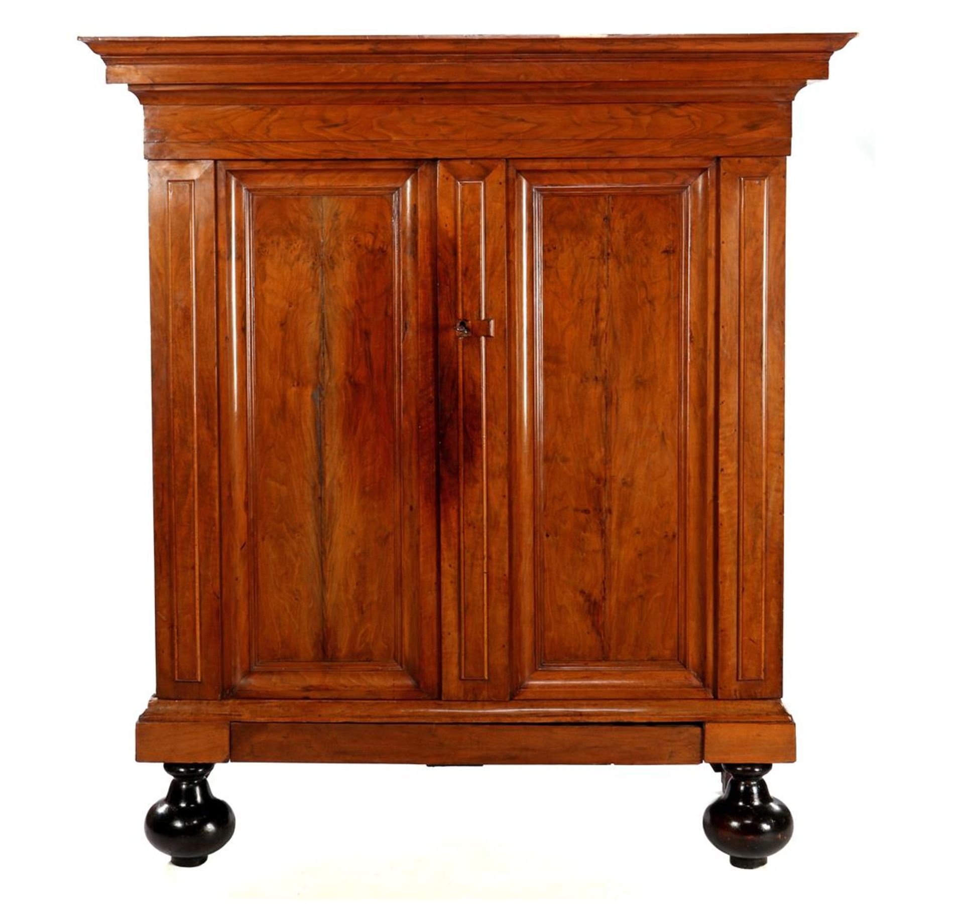 Mahogany veneer on oak 2-door cabinet with drawer at the bottom