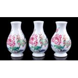3 porcelain Famille Rose vases with peony and grasshopper