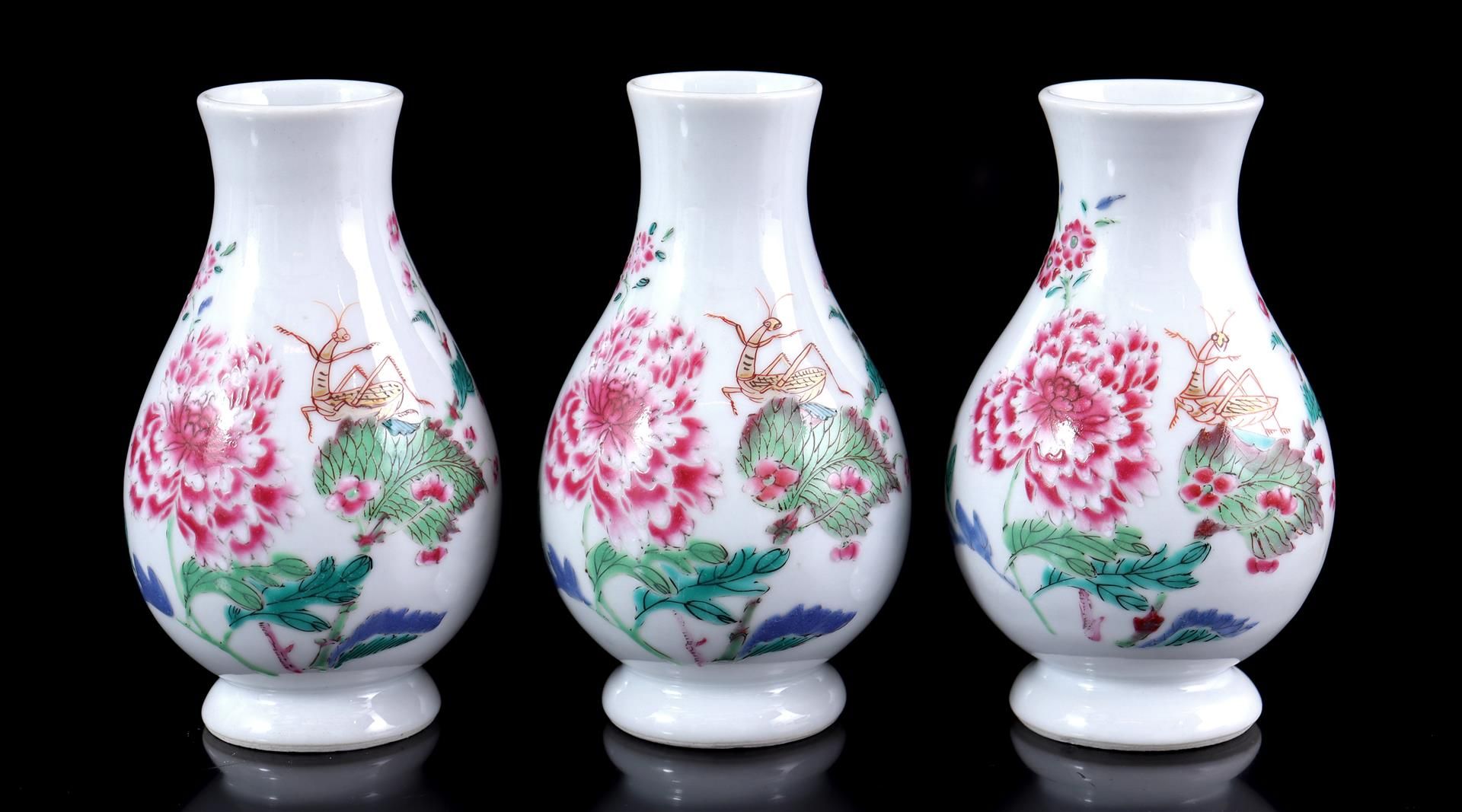 3 porcelain Famille Rose vases with peony and grasshopper