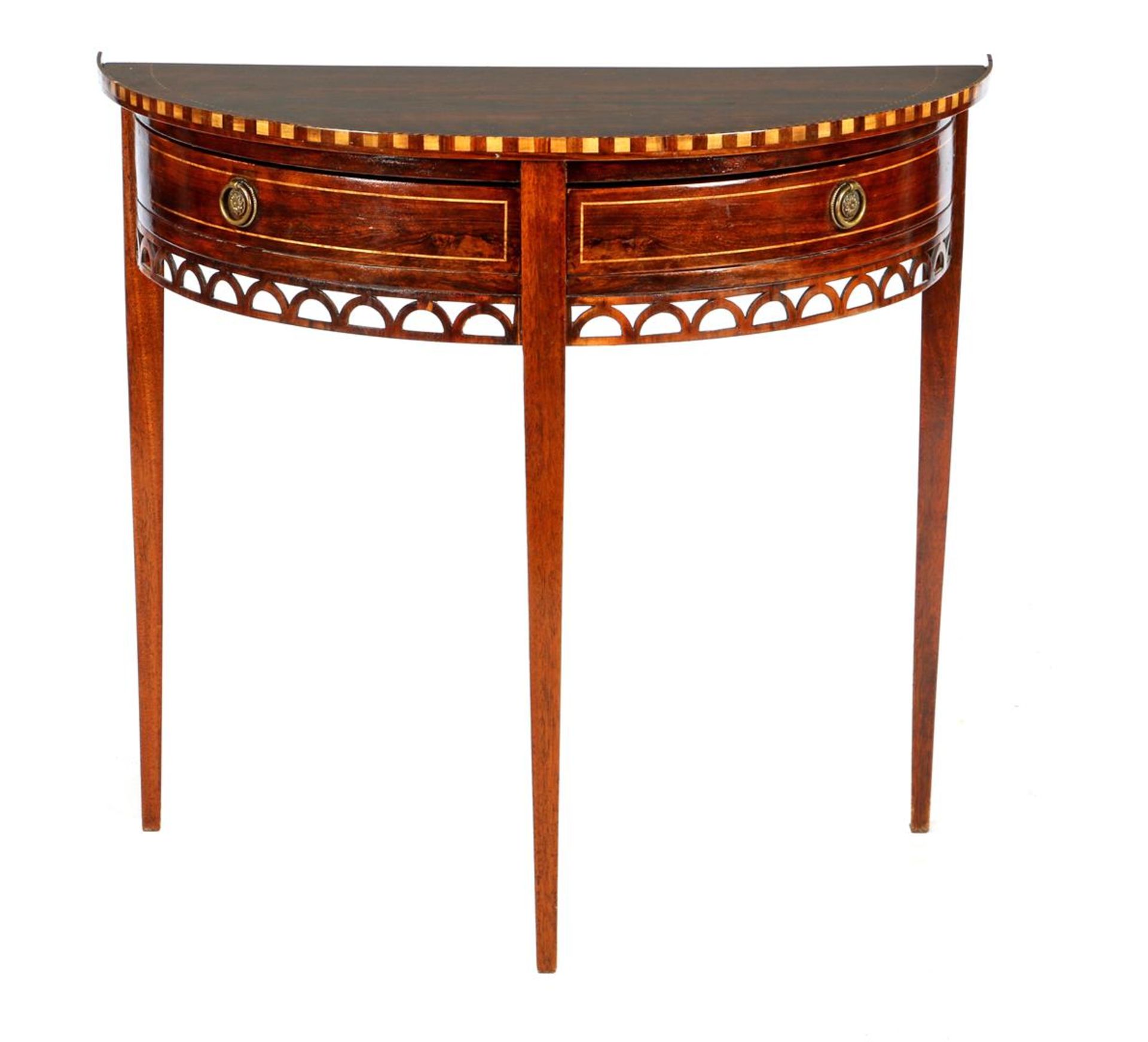 Mahogany Louis Seize style demi lune table with marquetry trim