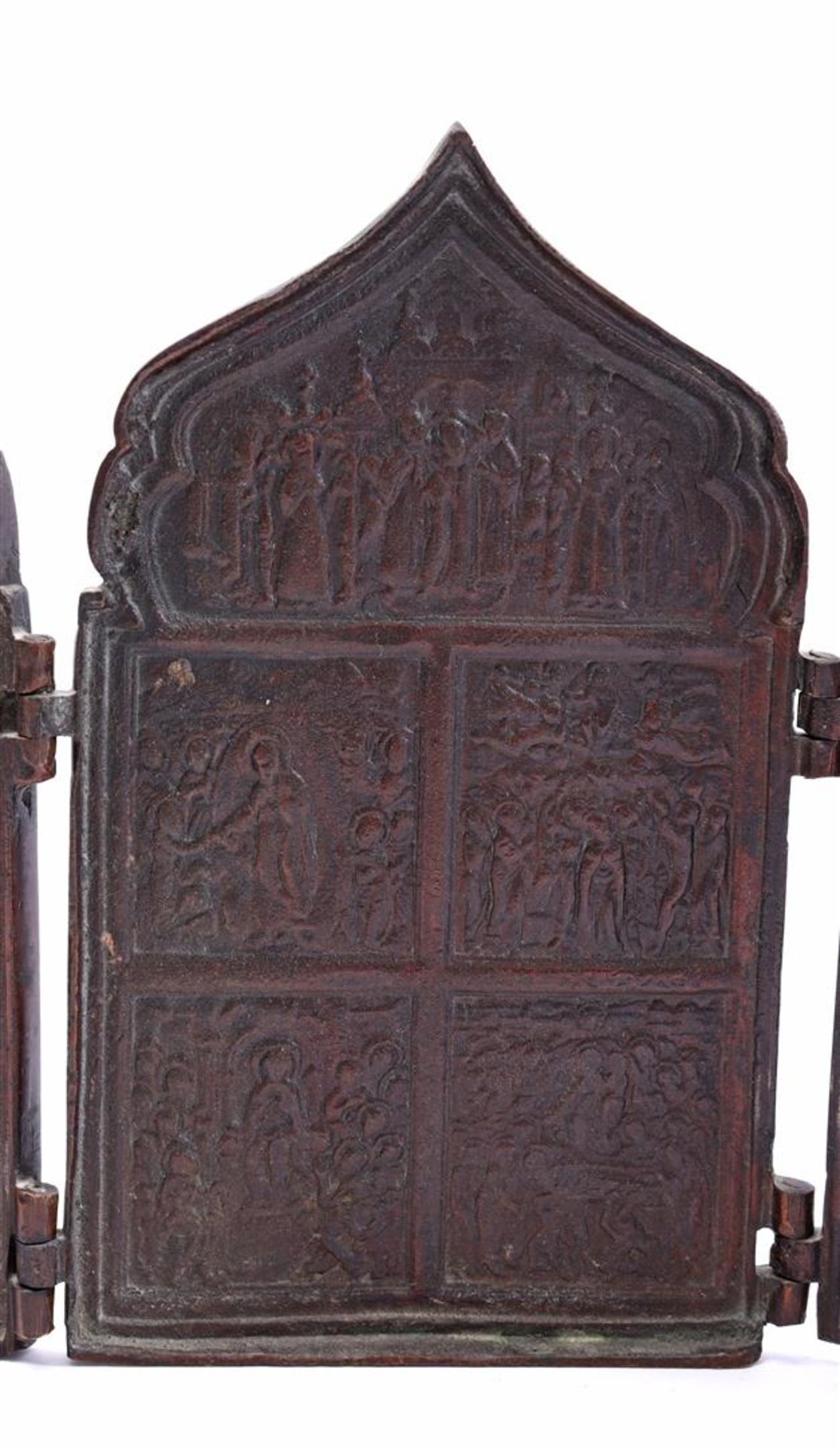 Bronze four-panel icon with various religious scenes, Russia - Image 4 of 7