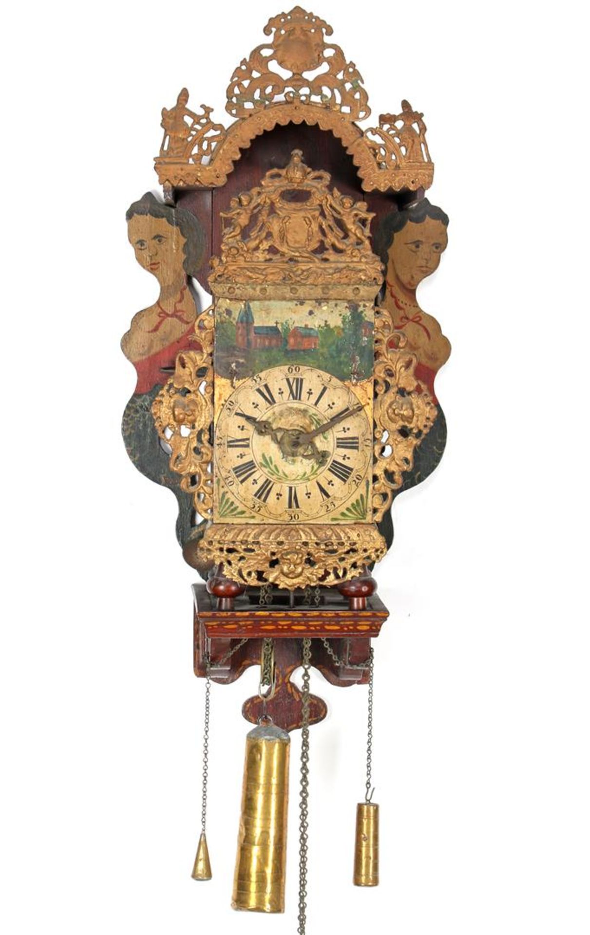 Frisian chair clock with mermaids on sides and painted case