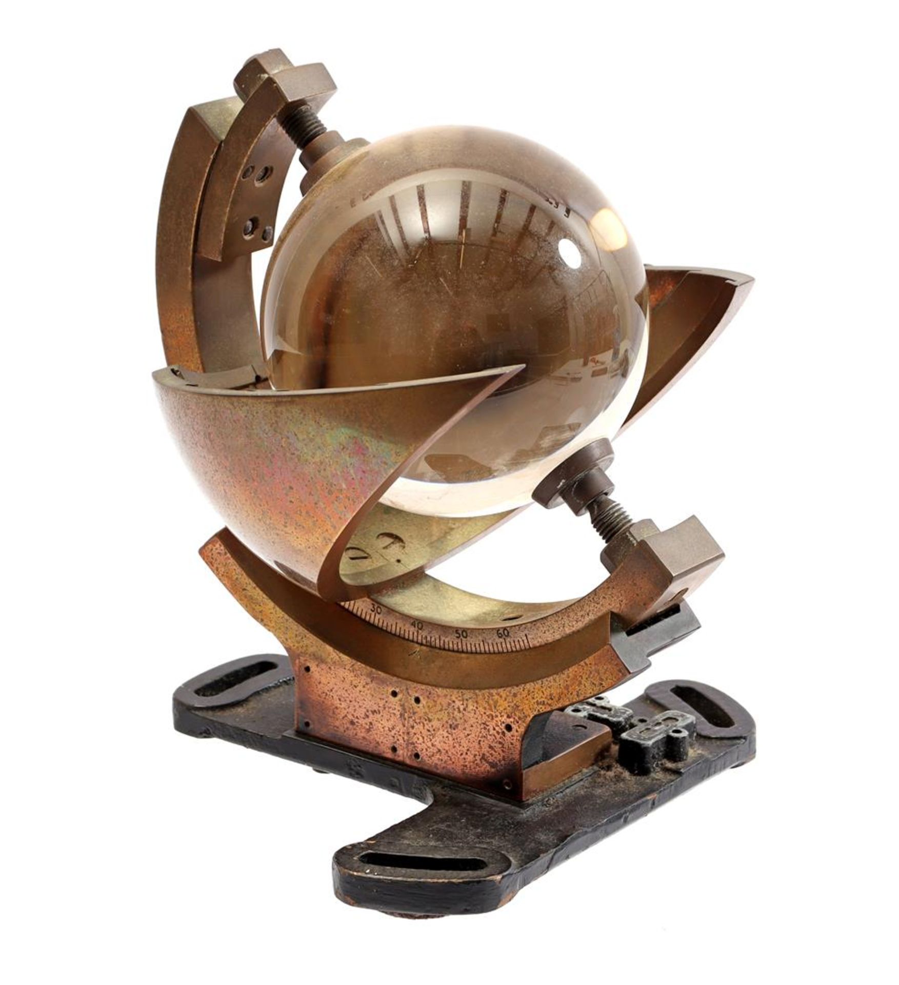 Campbell-Stokes brass with glass sun recorder on cast iron base