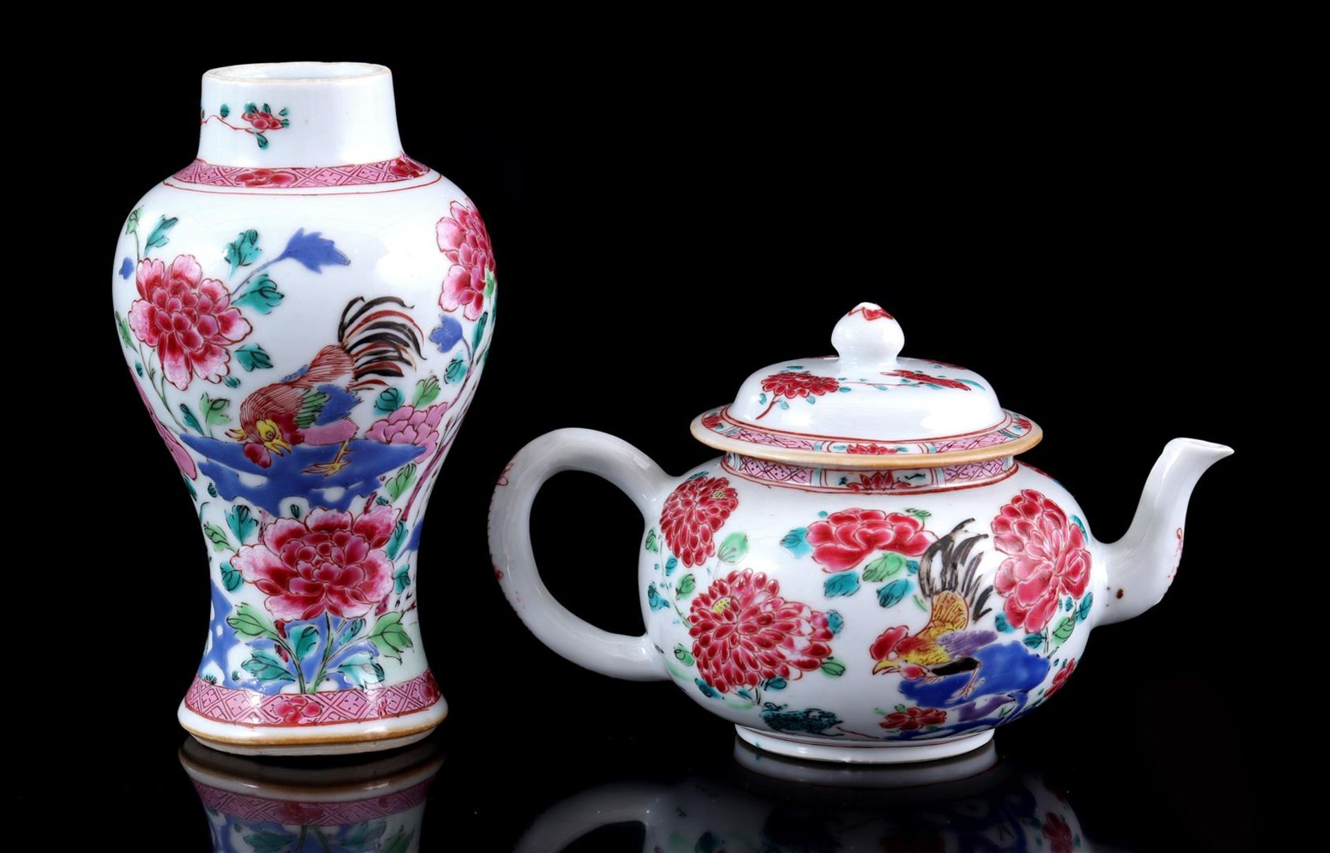 Porcelain Famille Rose teapot with rooster and padin floral landscape