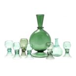 Green glass flat bottle, convex bottle and 6 rummers
