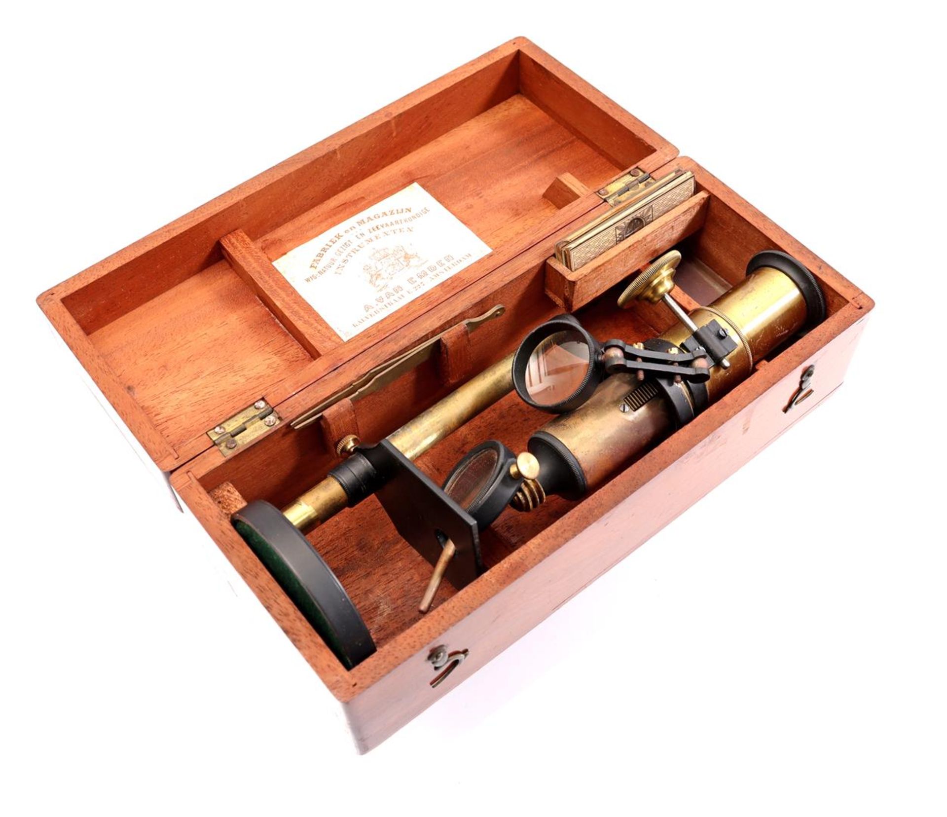 A. van Emden, brass microscope in wooden box