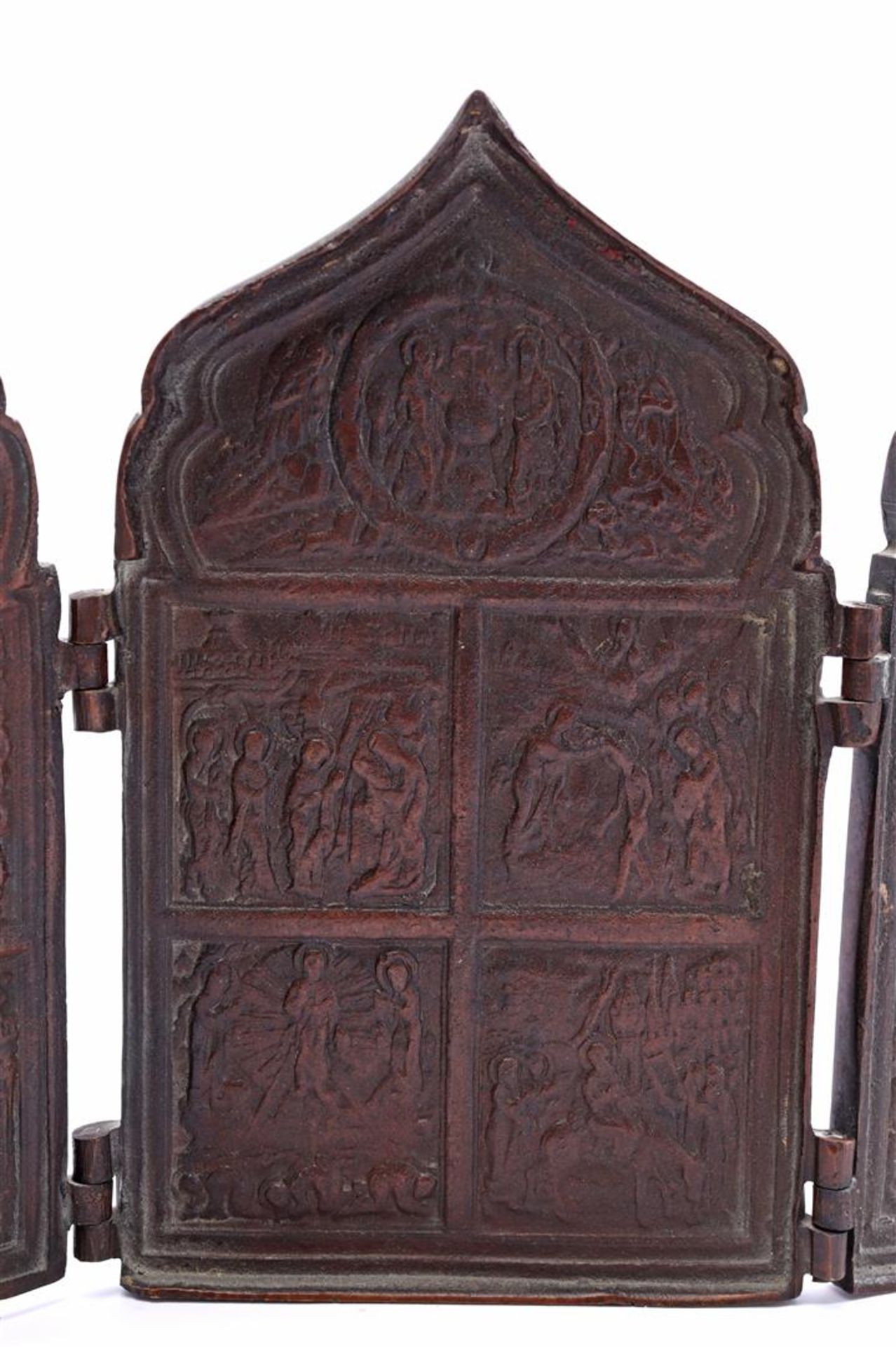 Bronze four-panel icon with various religious scenes, Russia - Image 3 of 7