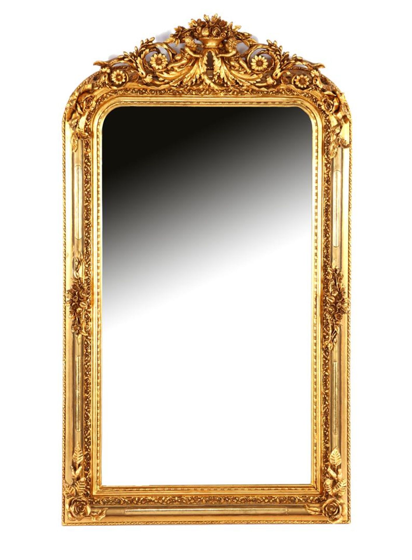 Faceted mirror in a classic gold-coloured richly carved frame with crest