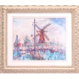 Unclearly signed, Harbor view with windmill