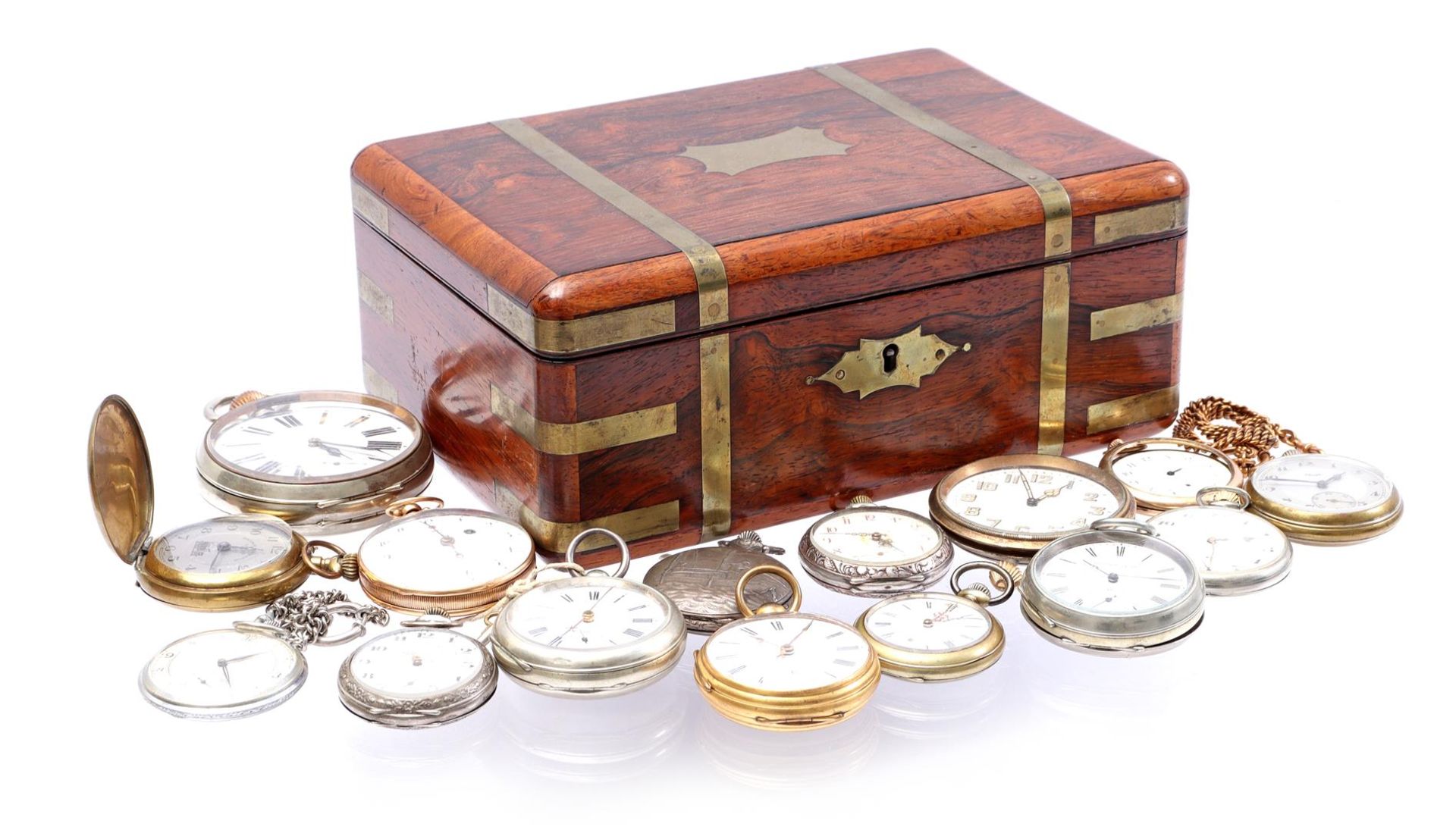 15 pocket watches of different brands in wooden box