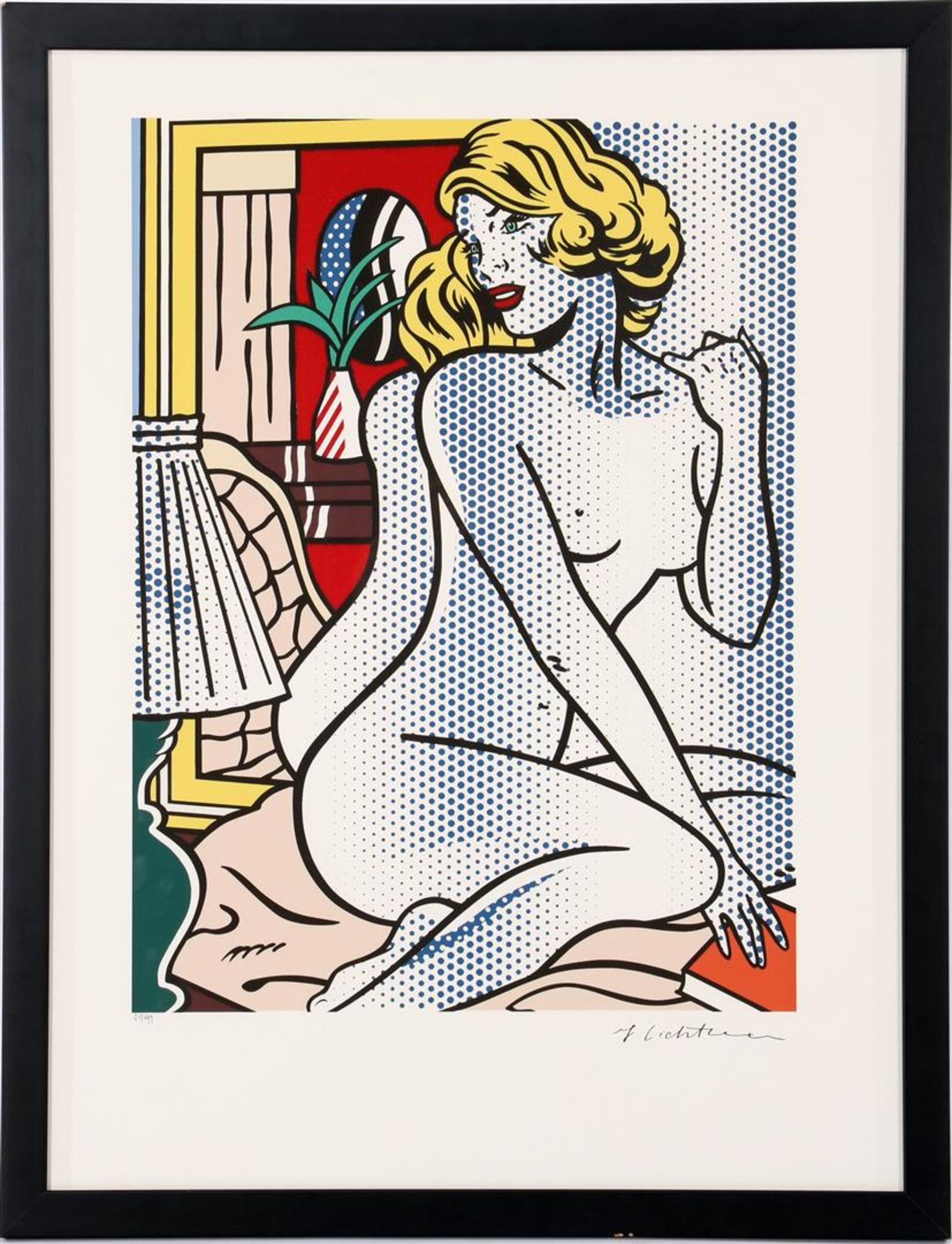 Signed J Lichtenstein, Composition with posing naked lady