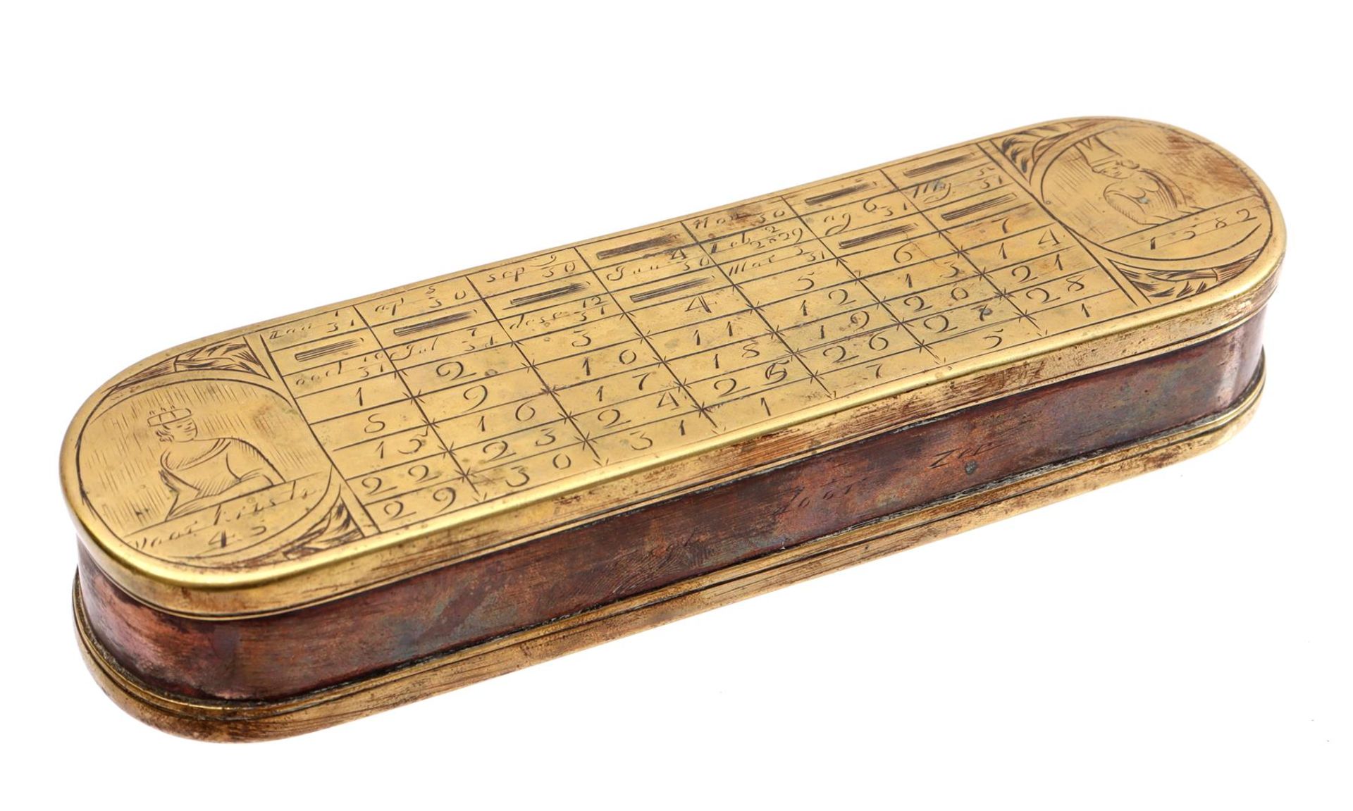 Pieter Holm copper tobacco box with engraving of a calendar 