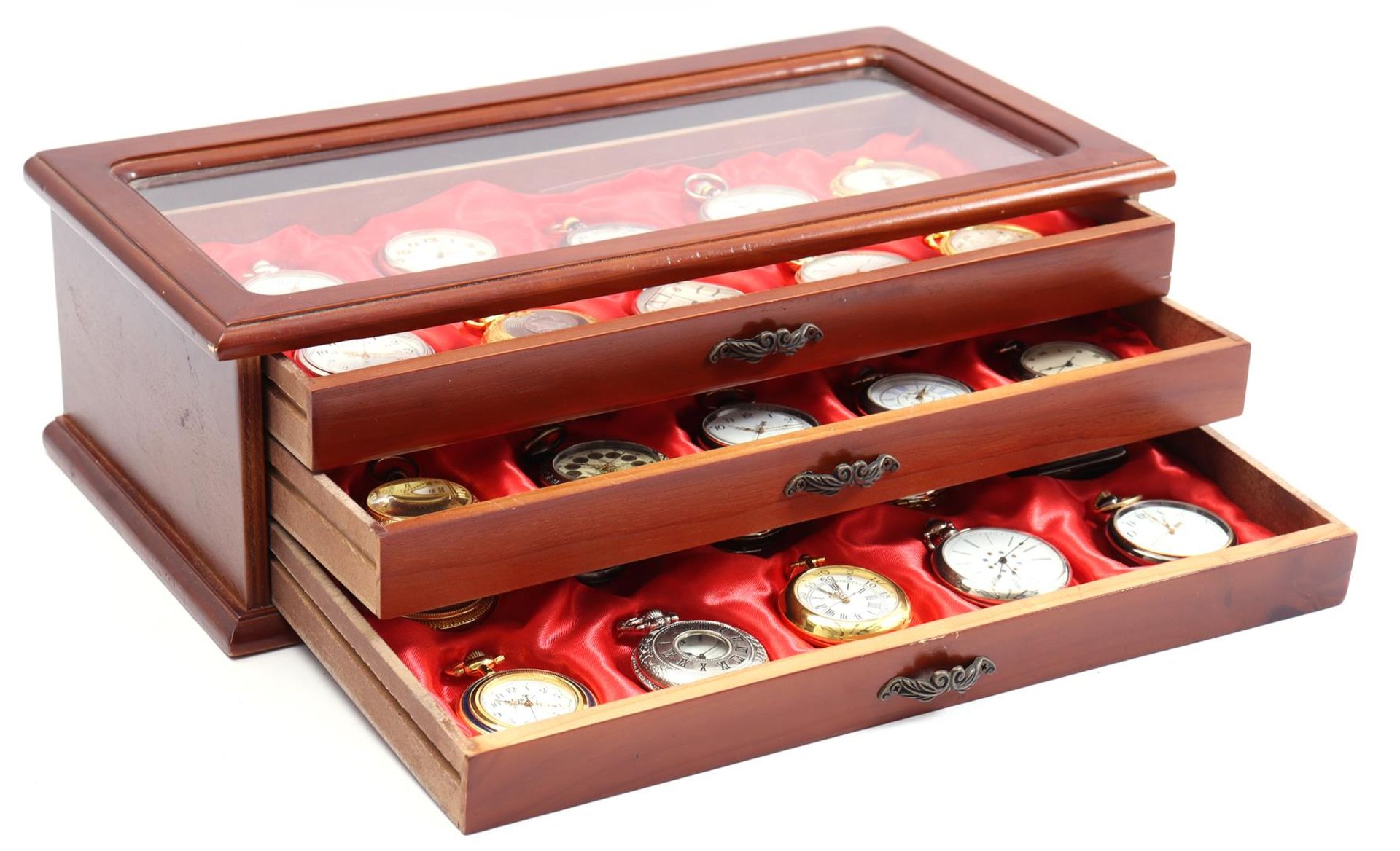 Wooden 3-drawer display case with 30 pocket watches