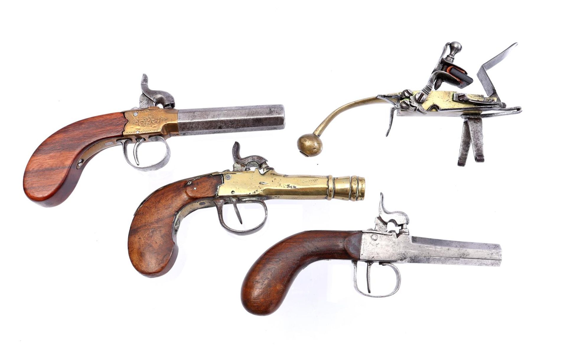 3 metal and brass percussion pistols