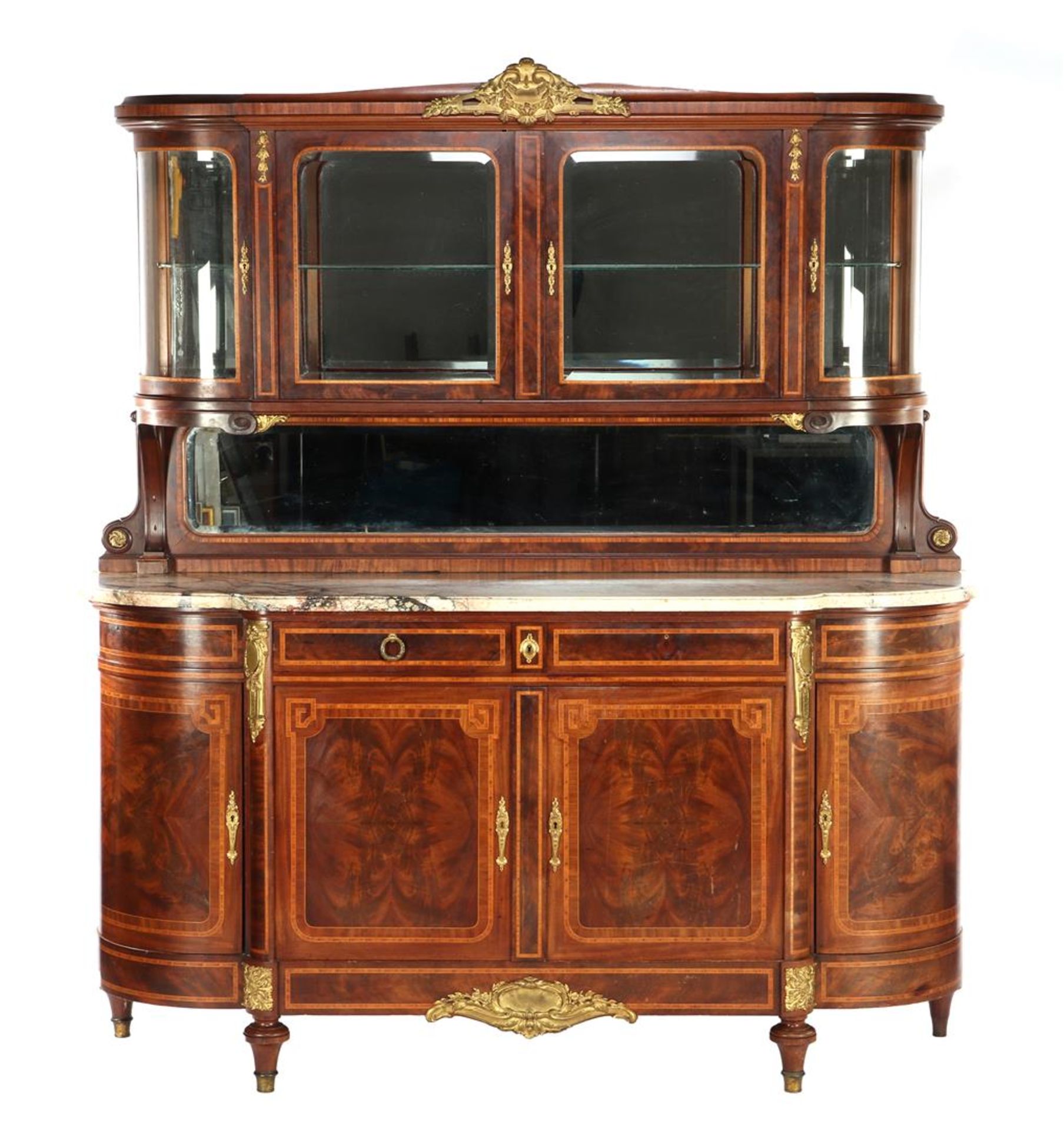 Mahogany with oak classic 2-piece sideboard with marquetry decoration and bronze fittings