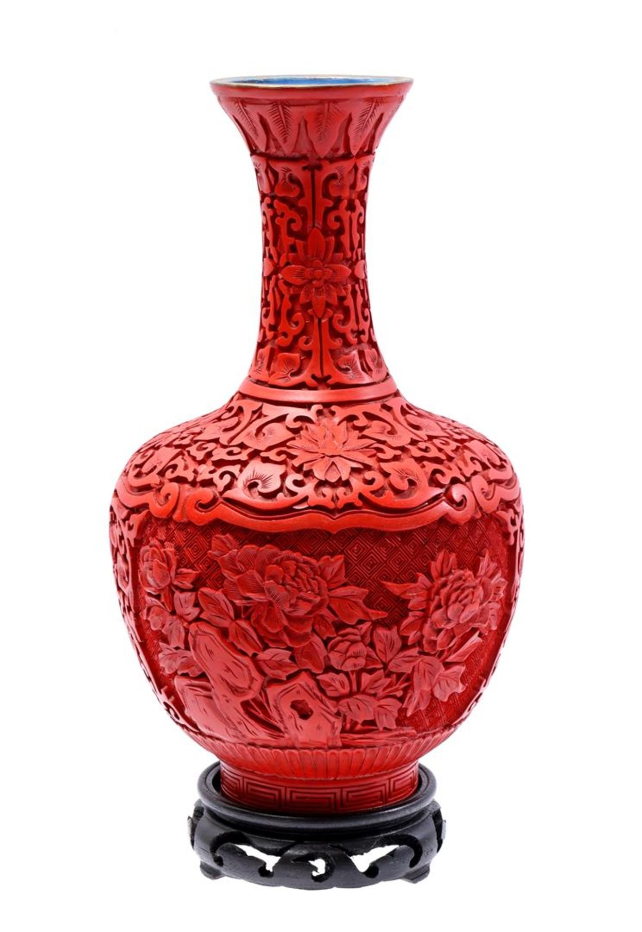 Brass with cinnabar carved vase with floral decor